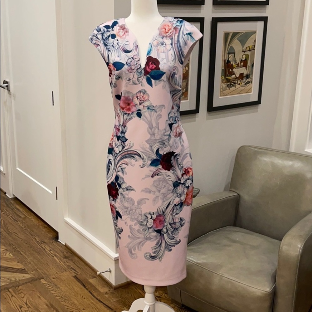 Ted Baker Pink Floral Midi Dress with Blue and Burgundy Accents